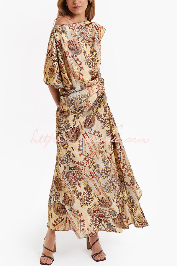 Satin One Shoulder Ruched Maxi Dress with Asymmetrical Hem