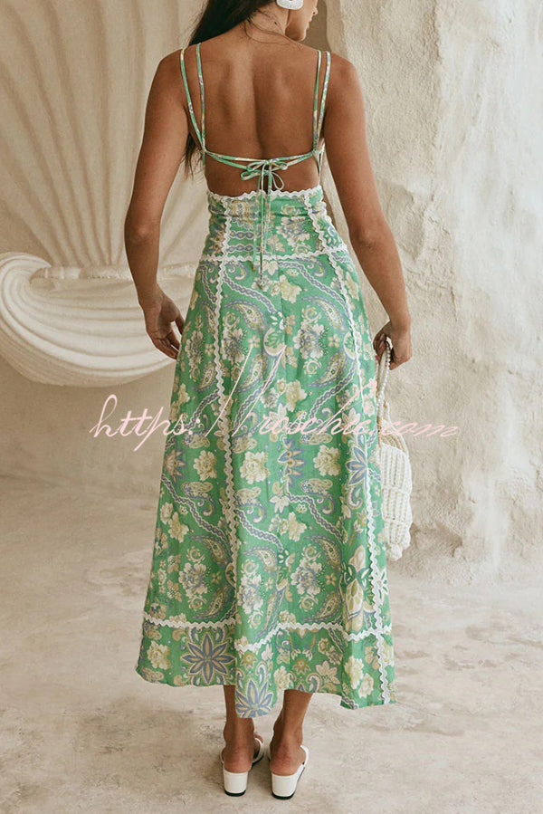 Linen Blend Printed V-Neck Sleeveless Maxi Dress