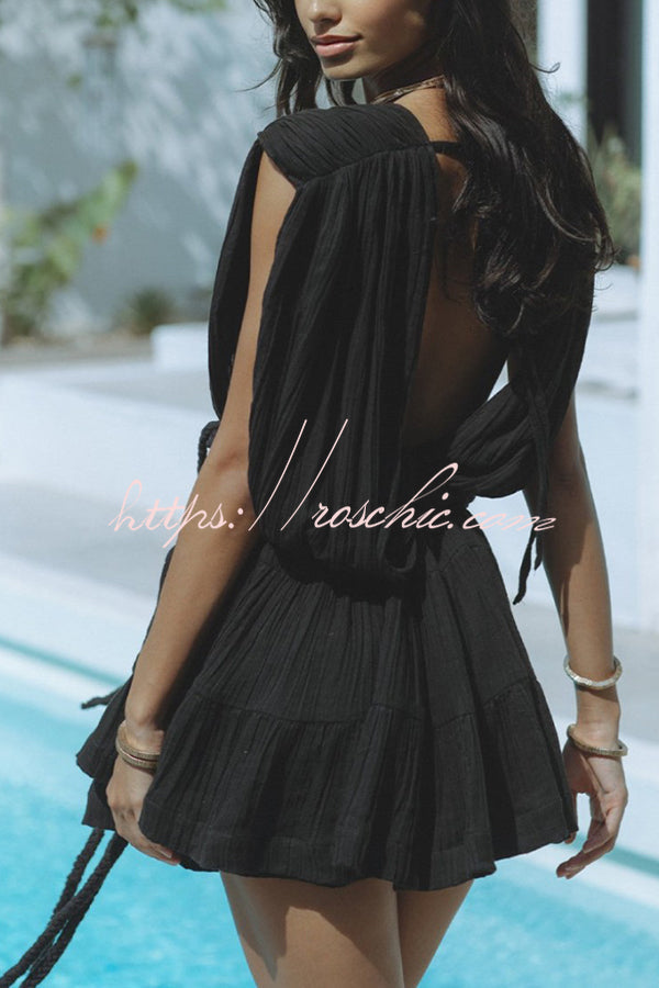 Linen Blend Draped Mini Dress with Braided Belt Detail