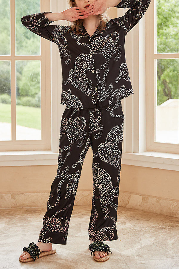 Black Jaguar Print Long Sleeve Two-Piece Lounge Set