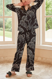 Black Jaguar Print Long Sleeve Two-Piece Lounge Set