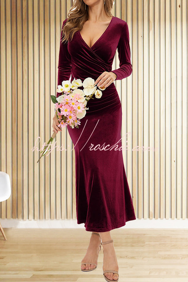 Velvet Long Sleeve V-Neck Fishtail Maxi Dress – Slim Fit
