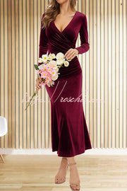 Velvet Long Sleeve V-Neck Fishtail Maxi Dress – Slim Fit