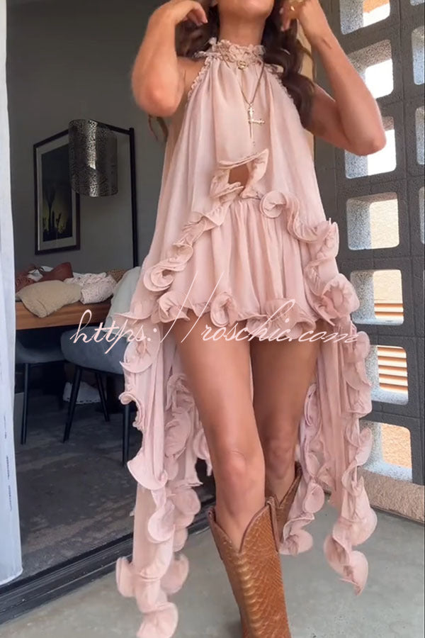 Chiffon Halter Top with Wavy Ruffles | Loose A-line Blouse