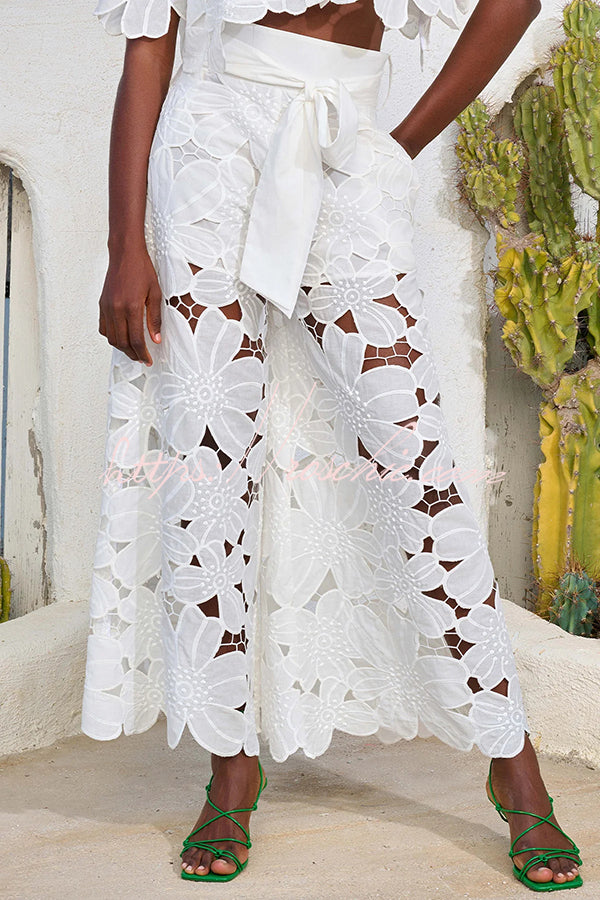 Floral Lace Cropped Shirt & Wide Leg Pants Set with Belt