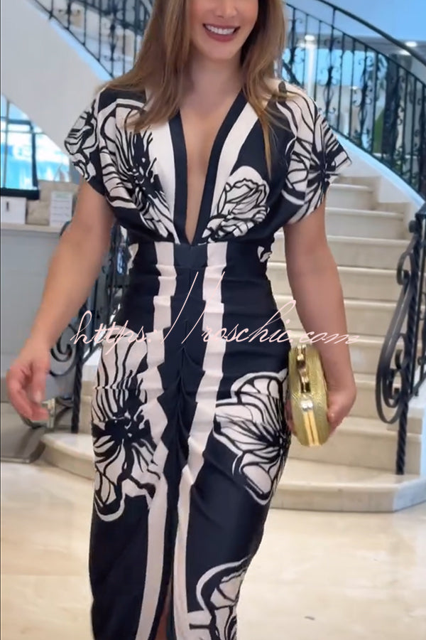 Contrast Print Dolman Sleeve Ruched Midi Dress