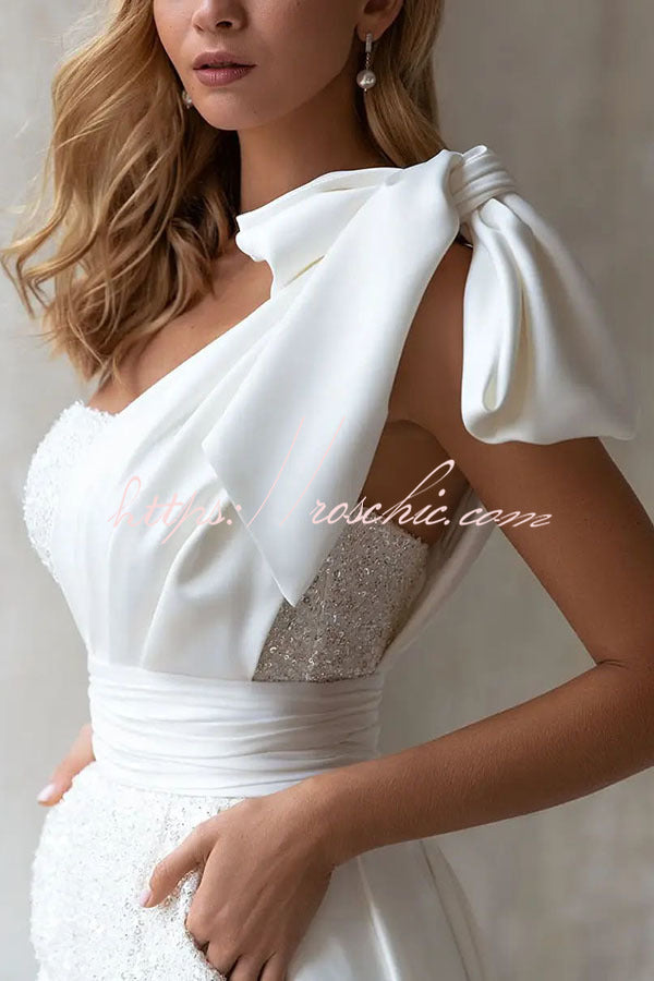 Sequin One-Shoulder Romper with Detachable Long Skirt Train