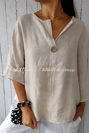 Linen Blend V-Neck Top | 3/4 Sleeve Loose Casual Blouse