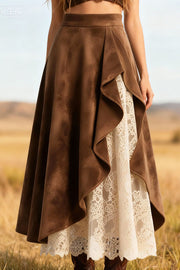 Suede & Lace Patchwork Asymmetrical Midi Skirt
