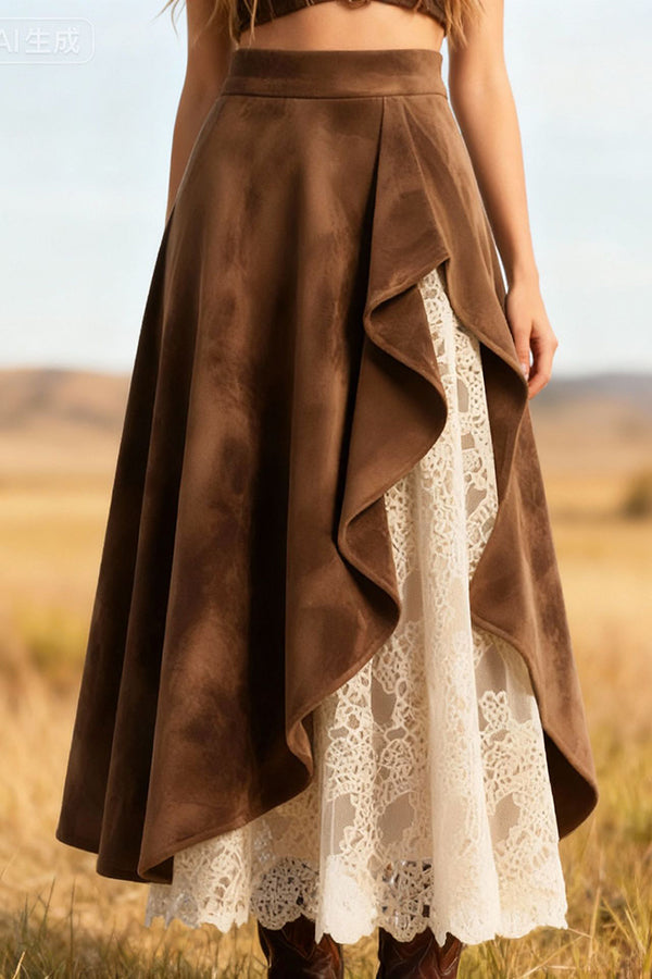 Suede & Lace Patchwork Asymmetrical Midi Skirt