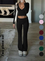 Slim-Fit V-Neck Crop Top & Pants Set