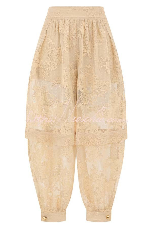 Lace Harem Pants with Gathered Waist & Ankle Cuffs