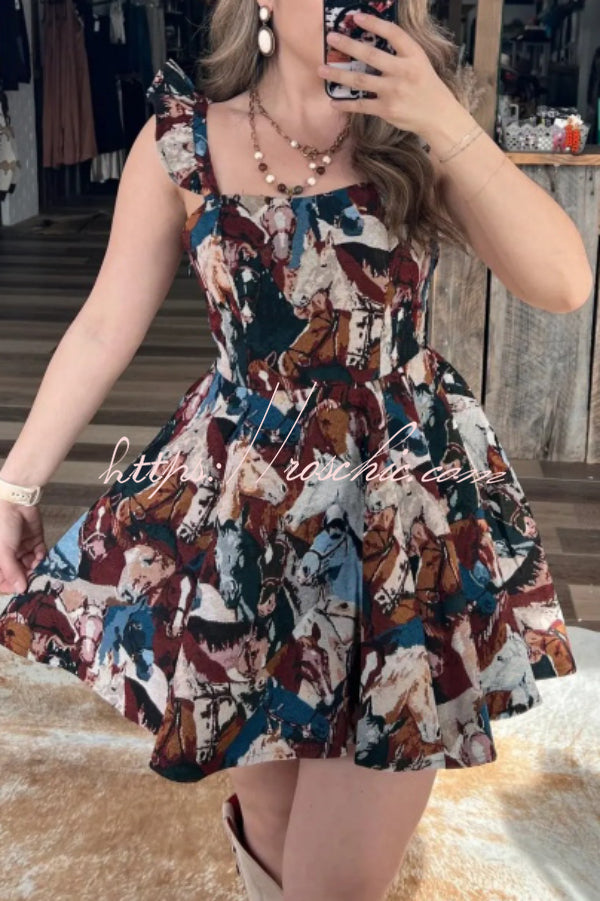 Horse Print Square Neck Mini Dress – Slim Fit Sleeveless