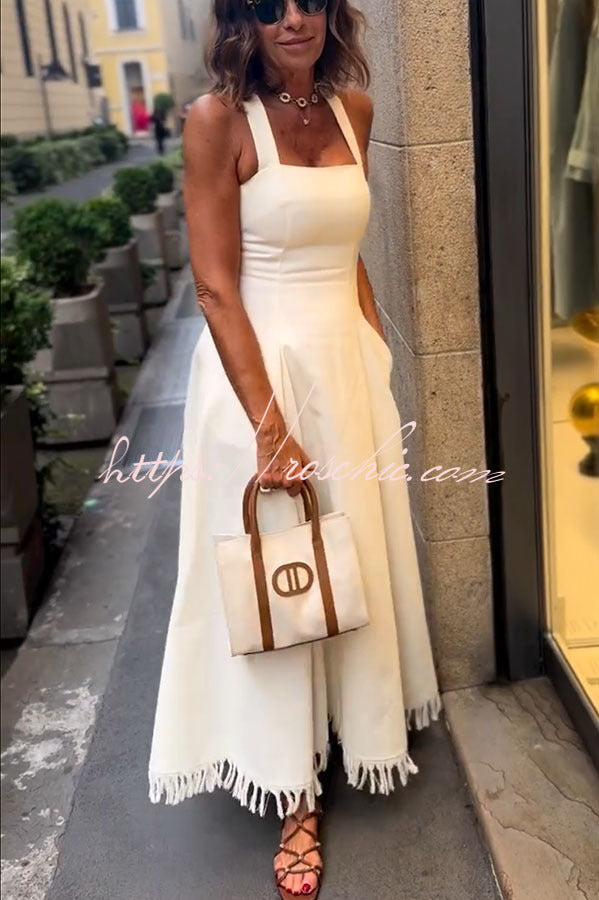 Linen Blend Midi Dress with Square Neck and Tassel Trim