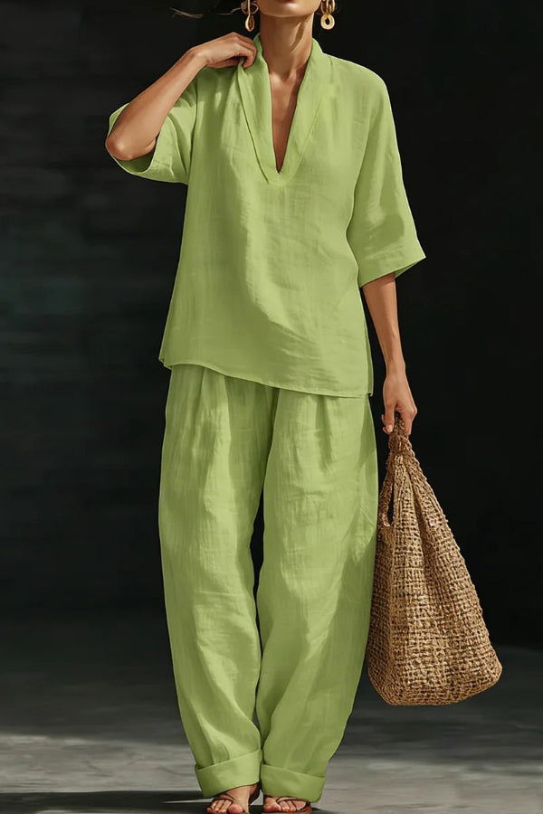 Women's V-Neck Short Sleeve Loose Top and Pants Set