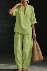 Women's V-Neck Short Sleeve Loose Top and Pants Set