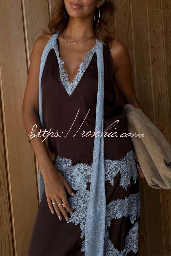 Satin Lace Trim Tank Top | Contrast Color Sleeveless Cami