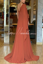 Chiffon One-Shoulder Maxi Dress with Rose Waist Detail