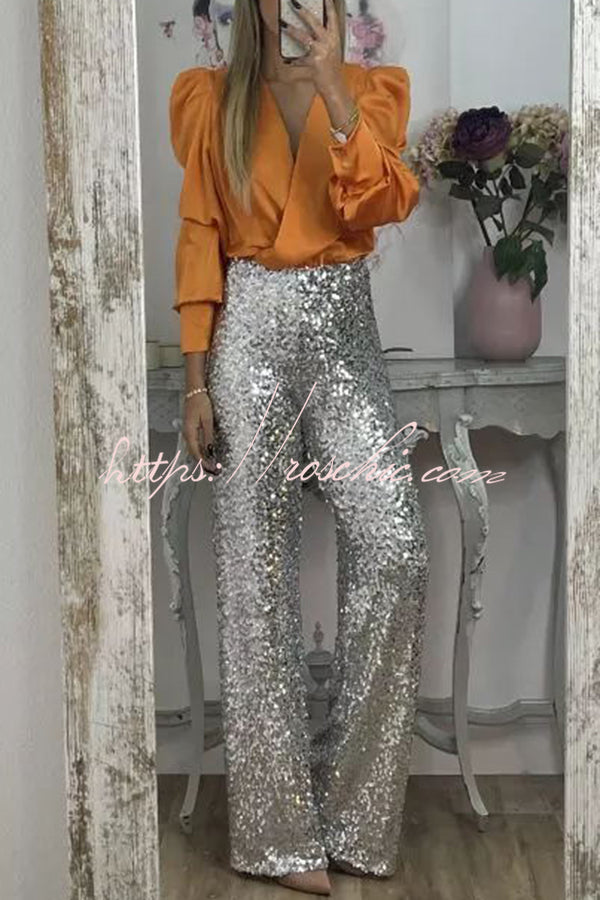 Sequin Wide Leg Pants High Rise Elastic Waist Party