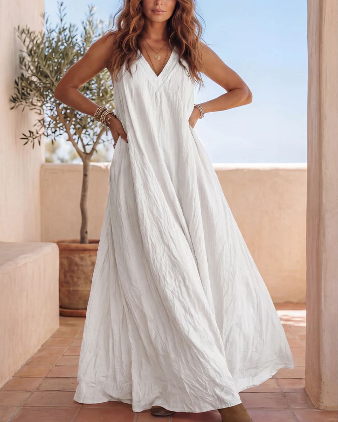 Flowy Boho V-Neck Halter Maxi Dress