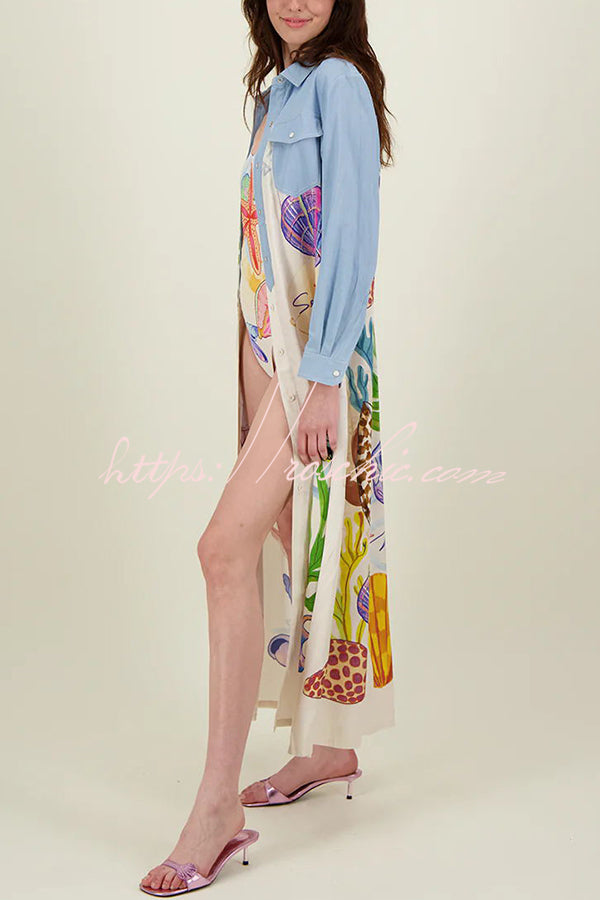 Marine Print Patchwork Maxi Shirt Coat with Pockets