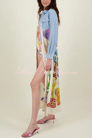 Marine Print Patchwork Maxi Shirt Coat with Pockets