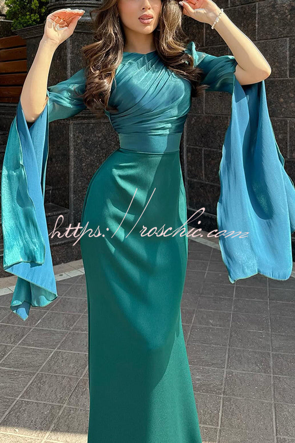 Ruched Organza Satin Patchwork Maxi Dress with Bell Sleeves