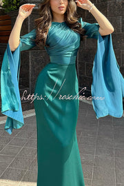 Ruched Organza Satin Patchwork Maxi Dress with Bell Sleeves
