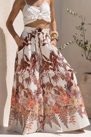 Leaf Print Wide-Leg Pants with Elastic Waist and Pockets