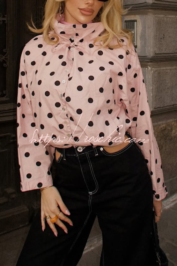 Polka Dot Loose Jacket with Stand Collar & Bow Tie Detail