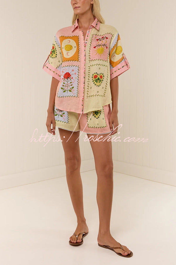 Linen Blend Printed Short Sleeve Shirt & Belted Shorts Set
