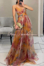 Floral Print Tulle Cutout Waist Lace-Up Maxi Dress