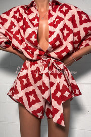 Linen Blend Printed Button Belted Loose Romper