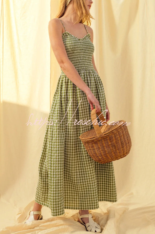 Plaid Print Ruched Maxi Dress with Pockets