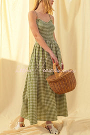 Plaid Print Ruched Maxi Dress with Pockets