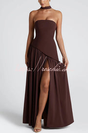 Robe longue plissée en mousseline à épaules dénudées avec fente