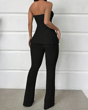 Textured Knit Strapless Top & High-Waist Flare Pants Set