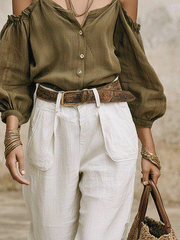 Boho Off-Shoulder Olive Top & Wide-Leg White Pants Set