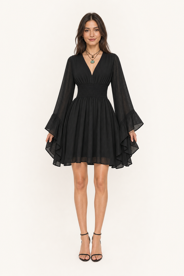 Gothic V-Neck Mini Dress - Long Sleeve Belted Fitted Dress