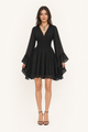 Gothic V-Neck Mini Dress - Long Sleeve Belted Fitted Dress