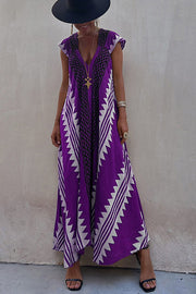 Ethnic Print V-Neck Maxi Dress – Loose A-Line Vacation Dress