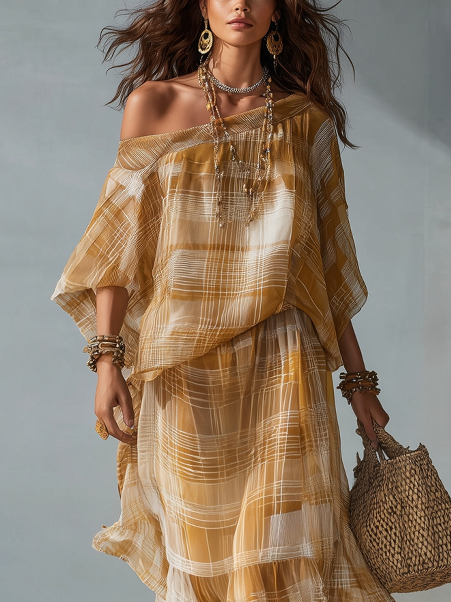 Mustard Plaid Chiffon Two-Piece Skirt Set | Bohemian Style