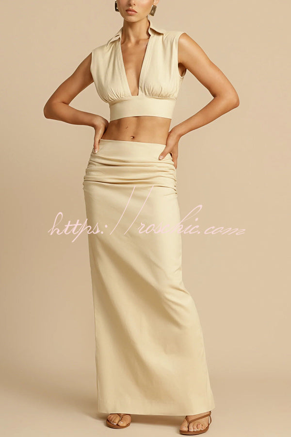 Cotton Twill V-Neck Crop Top with Plunging Neckline
