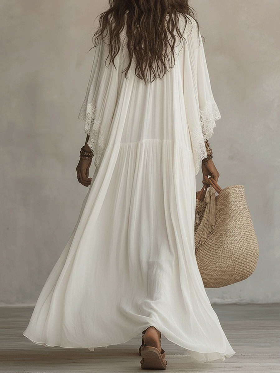 Cream White Boho Maxi Dress | Flowy Tiered Vacation Dress