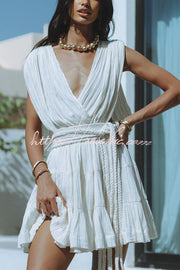 Linen Blend Draped Mini Dress with Braided Belt Detail