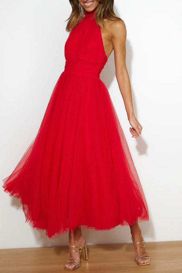 Tulle Halter Maxi Dress with Gathered Detail
