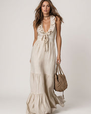 Deep V Ruffle Sleeveless Dress