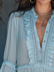 Sky Blue Ruffle Long Sleeve Blouse with Feminine Detailing