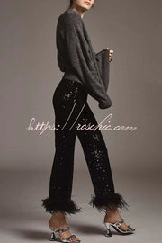 Sequin Feather Trim High Rise Flare Pants – Party & NYE