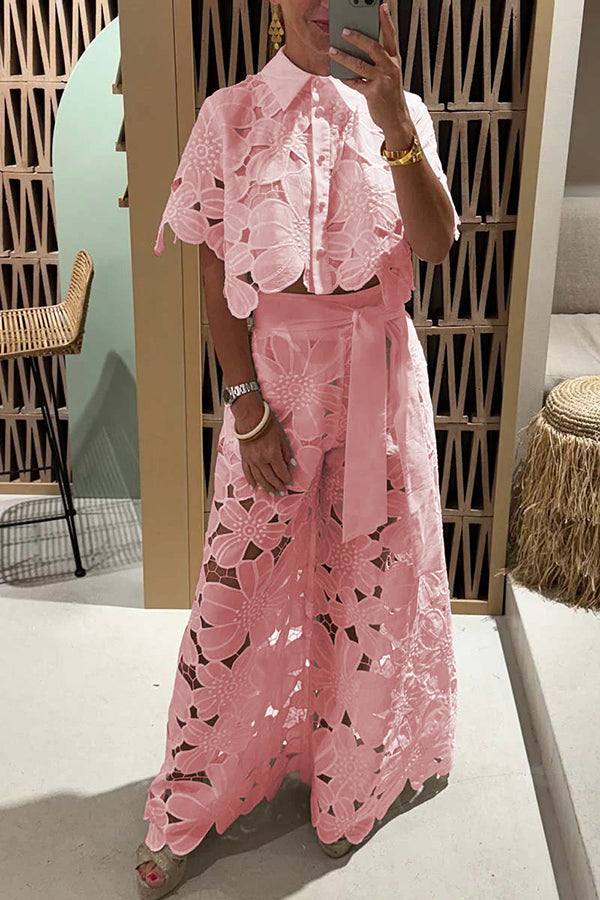Floral Lace Cropped Shirt & Wide Leg Pants Set with Belt